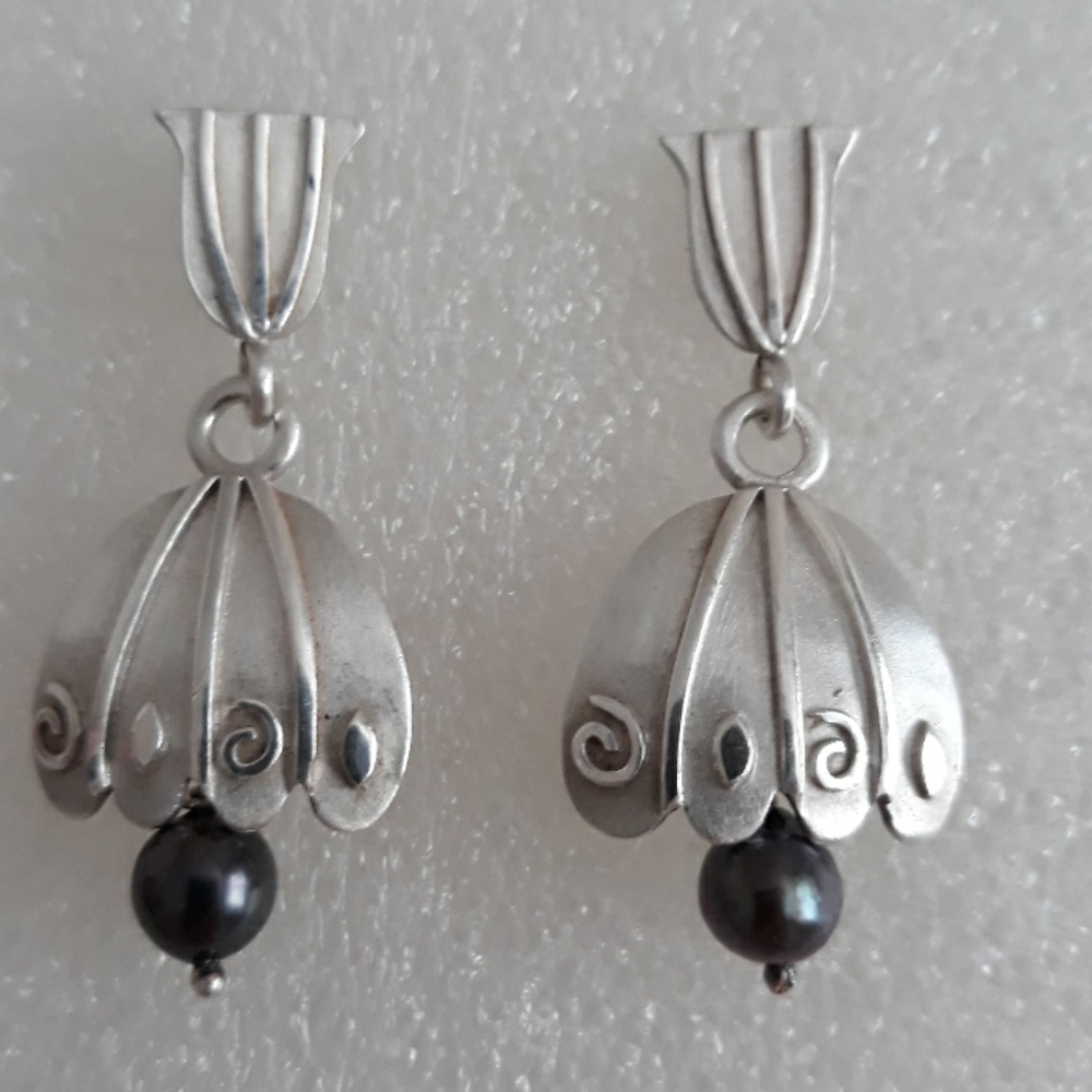 Custom Sterling Silver & Black Pearl Drop Earrings